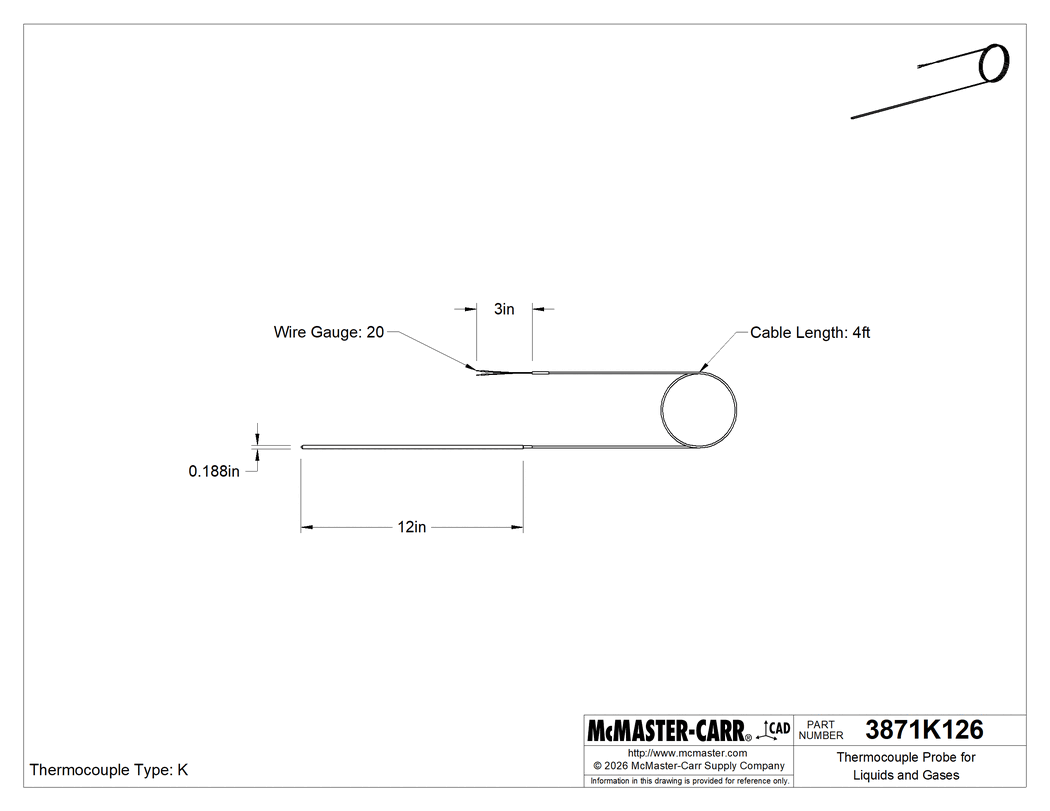 Technical Drawing of Thermocouple Probe for Liquids and Gases, Noninsulated, Type K, 12" Long x 3/16" Diameter.